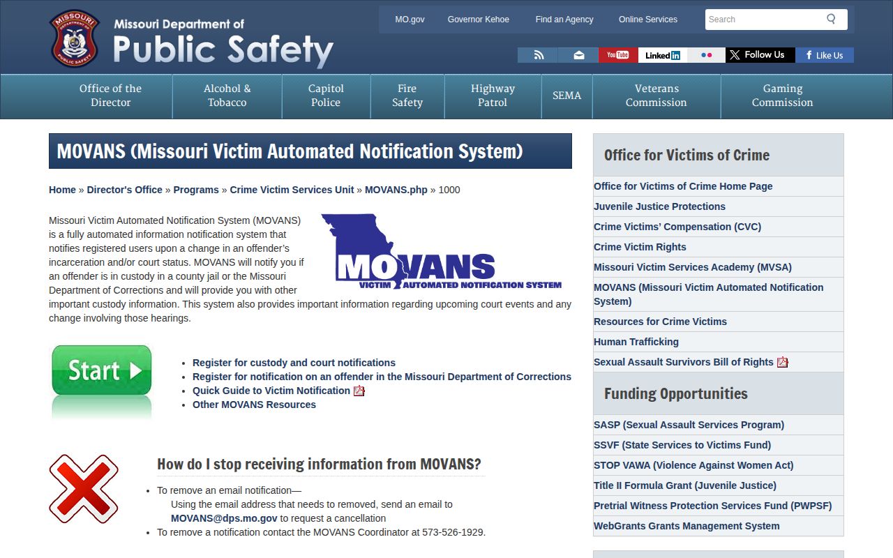 Missouri Department of Public Safety MOVANS program information page