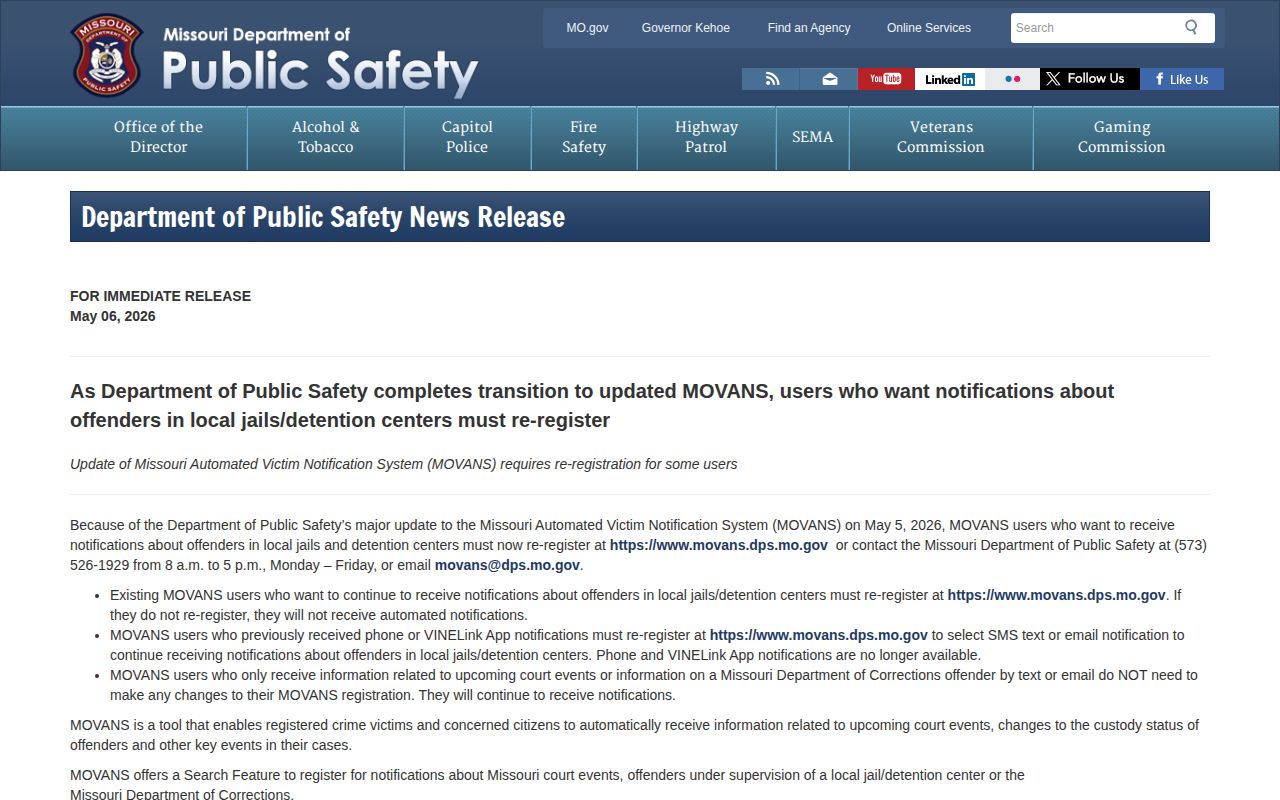 Missouri DPS notice on the May 2026 MOVANS local jail alert transition