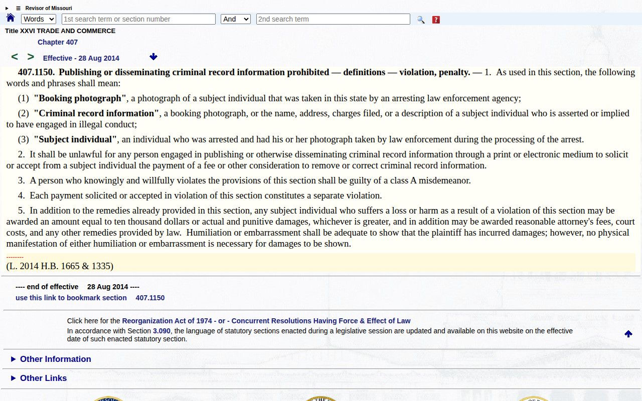 Missouri statute governing pay-to-remove booking photograph practices
