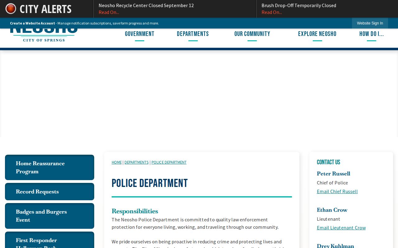 Official Neosho Police Department webpage with agency contact information