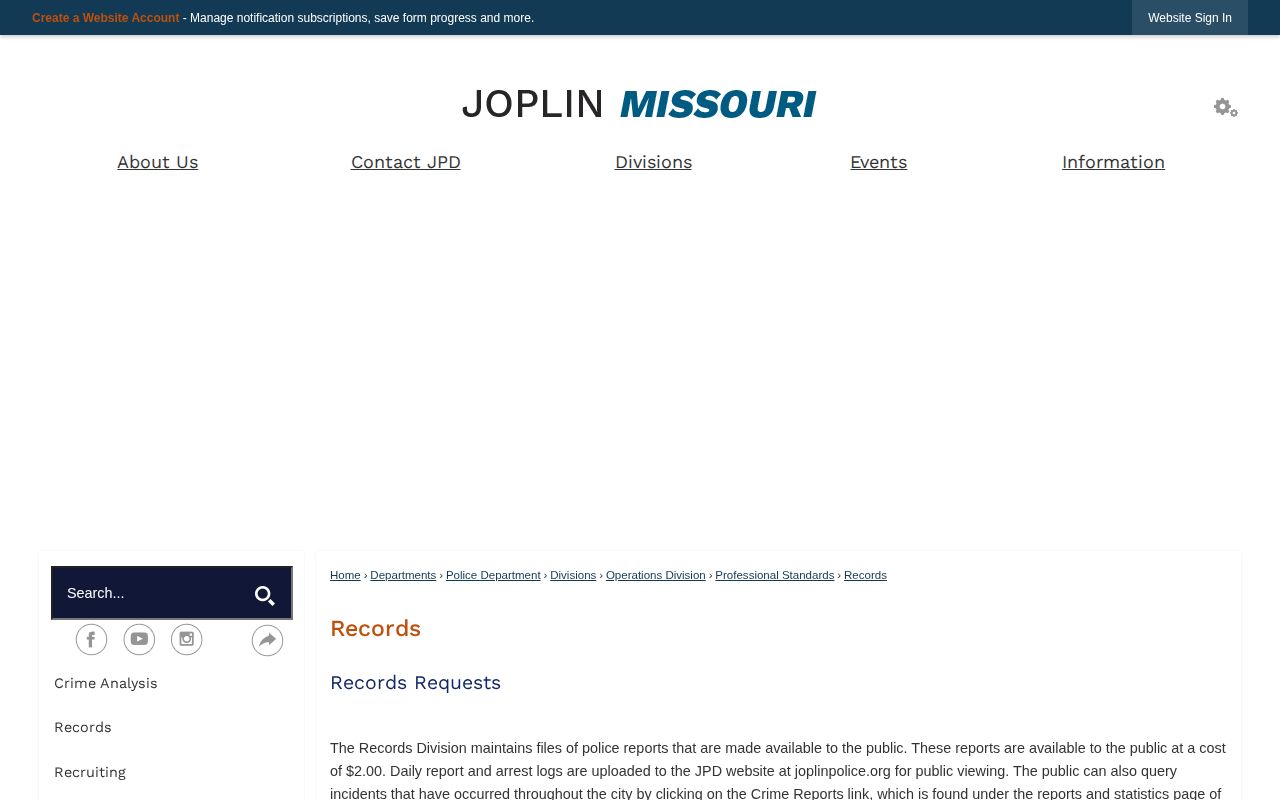 Official Joplin Police Department Records Division webpage with public report information