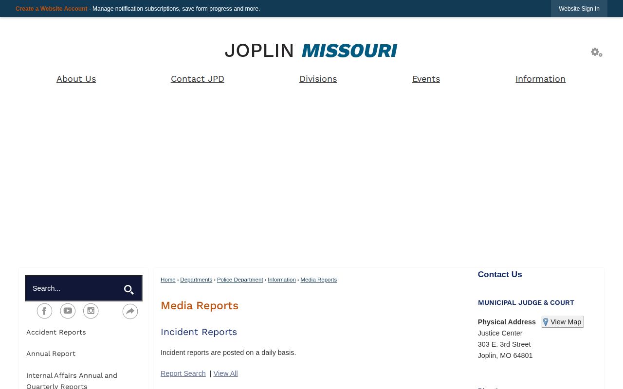 Joplin Police Department Media Reports page with links to daily arrest and in-custody reports