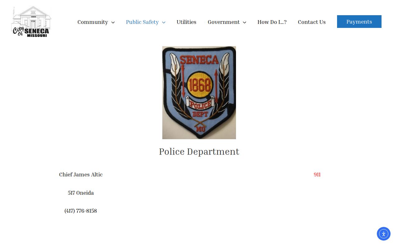 Captured Seneca Police Department official web page with department contact information